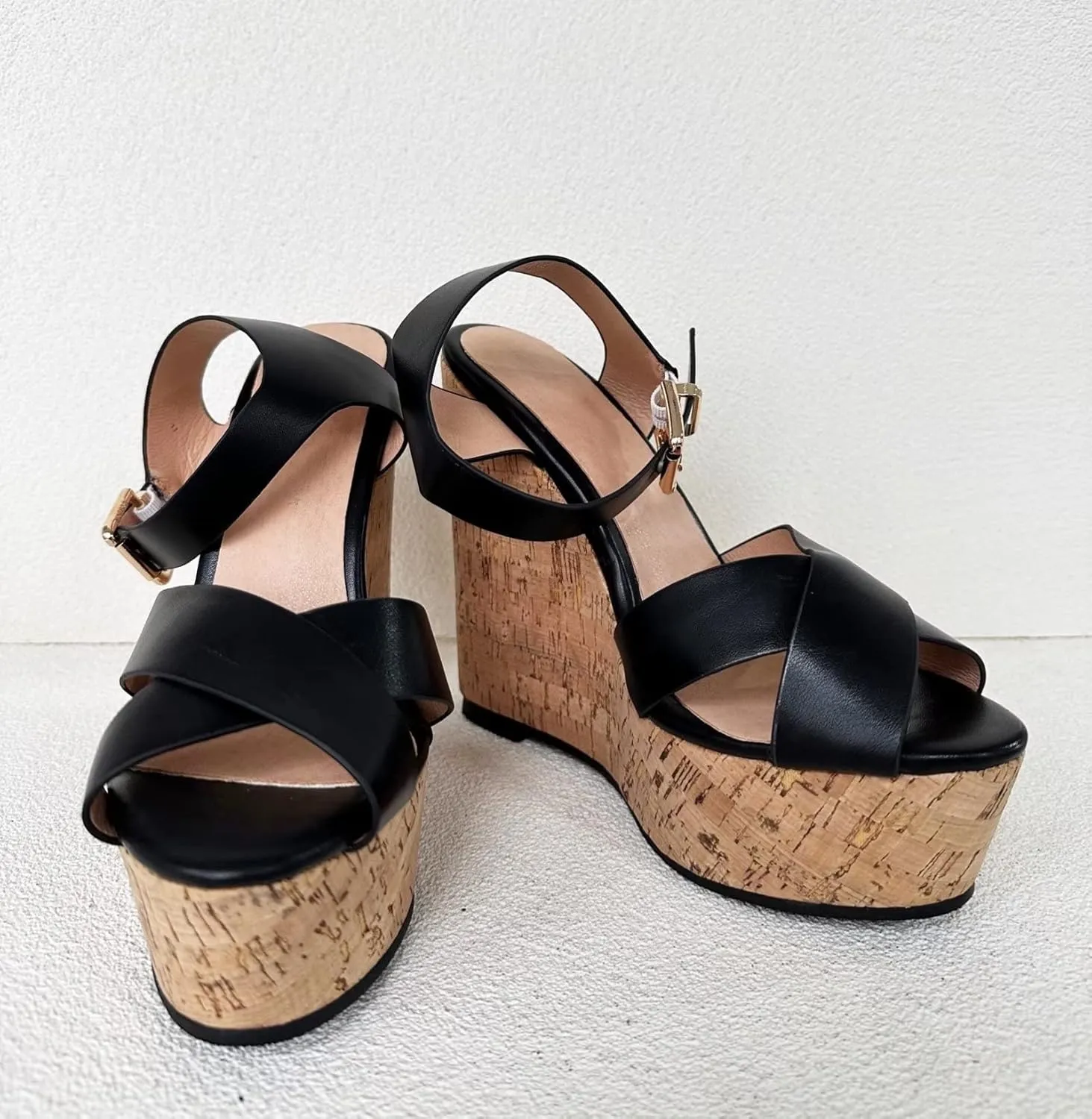 Frankie Hsu Sexy Platform Wedge Sandal, Stylish Black Cross Strap Wood Oak High Heeled Thick Style, Fashion Large Big Size US4-19 Gold Buckle Unisex Shoes For Women Men