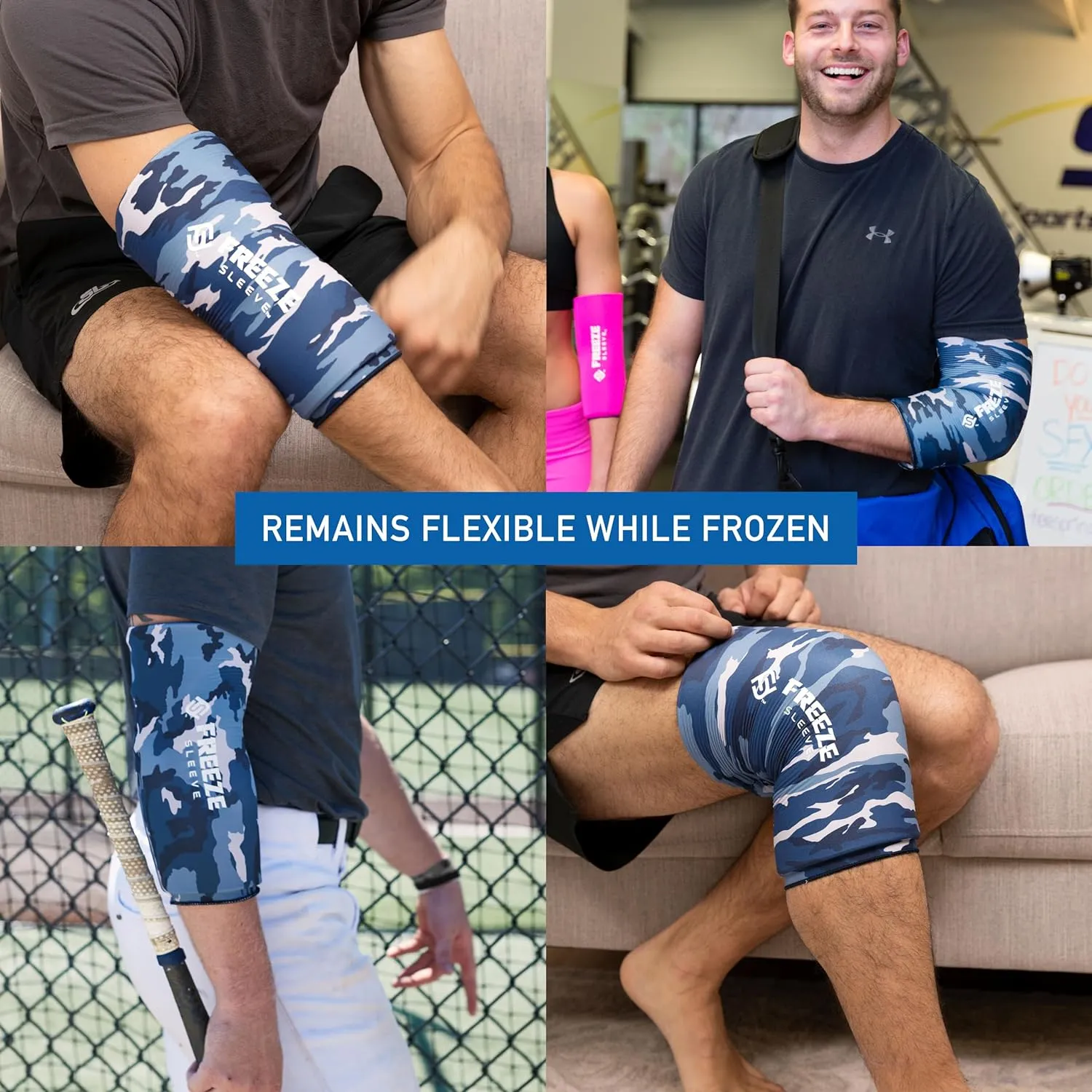 FreezeSleeve Ice and Heat Therapy Sleeve | Reusable Ice Pack Flexible Gel Compression Sleeve for Pain Relief and Recovery of Elbow Knee Ankle Leg Wrist Injuries | Blue Camo X Large 2 Pieces