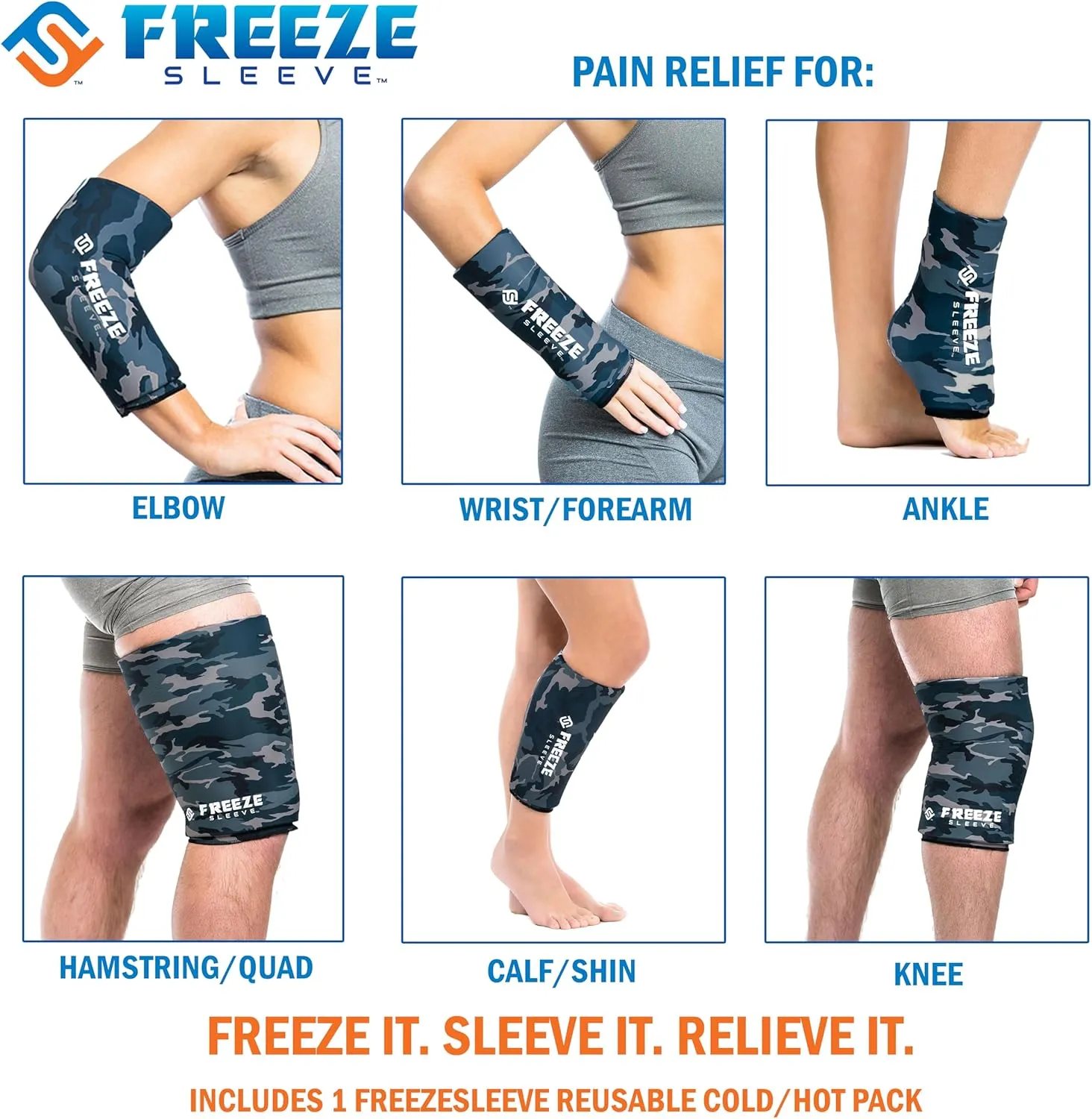 FreezeSleeve Ice and Heat Therapy Sleeve | Reusable Ice Pack Flexible Gel Compression Sleeve for Pain Relief and Recovery of Elbow Knee Ankle Leg Wrist Injuries | Blue Camo X Large 2 Pieces