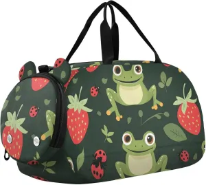 Frog Strawberry Motif Youth Sports Duffel Bag with Ventilated Shoe Compartment|All-Season Lightweight Travel Gym Bag for Girls & Boys|Water-Resistant Gear Bag