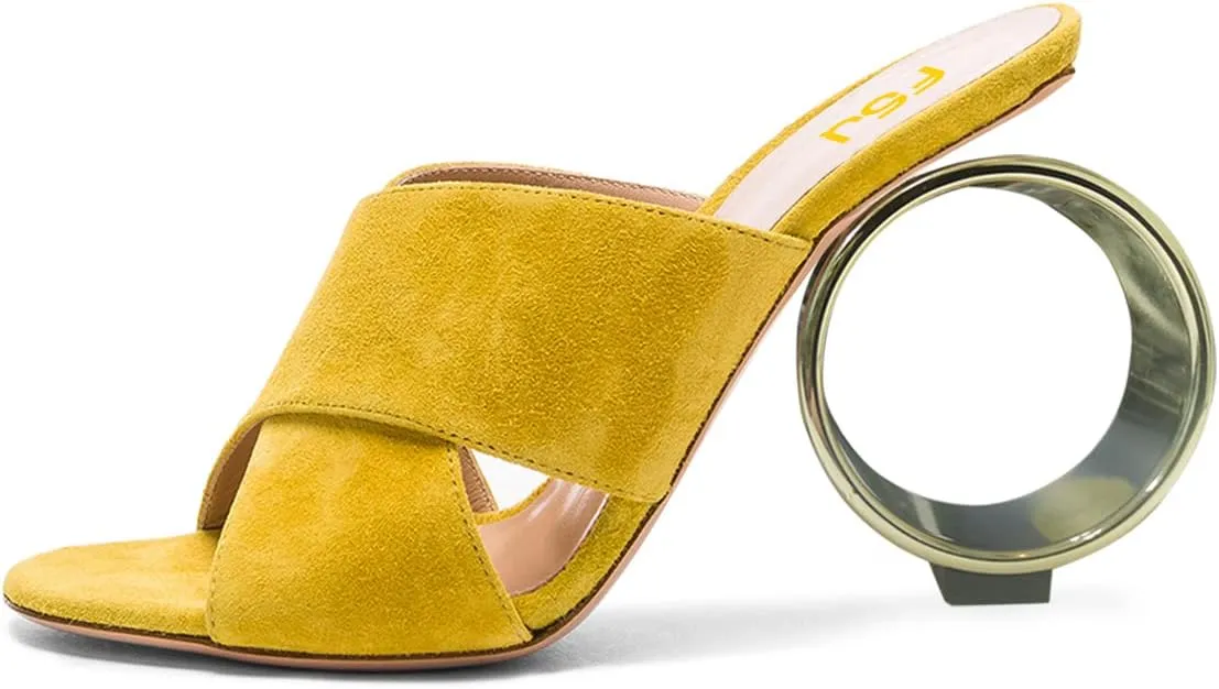 FSJ Women Chic Open Toe Suede Mules Toroidal High Heel Slip On Vacation Casual Dress Ladies Sandal Shoes Size 4-15 US
