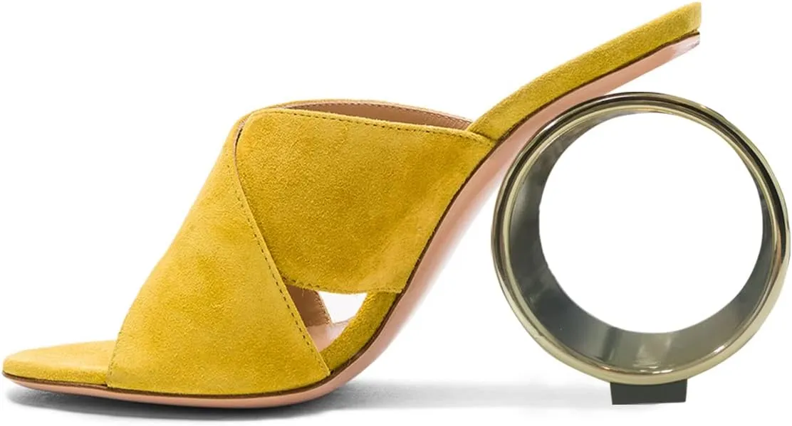 FSJ Women Chic Open Toe Suede Mules Toroidal High Heel Slip On Vacation Casual Dress Ladies Sandal Shoes Size 4-15 US