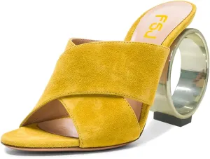 FSJ Women Chic Open Toe Suede Mules Toroidal High Heel Slip On Vacation Casual Dress Ladies Sandal Shoes Size 4-15 US