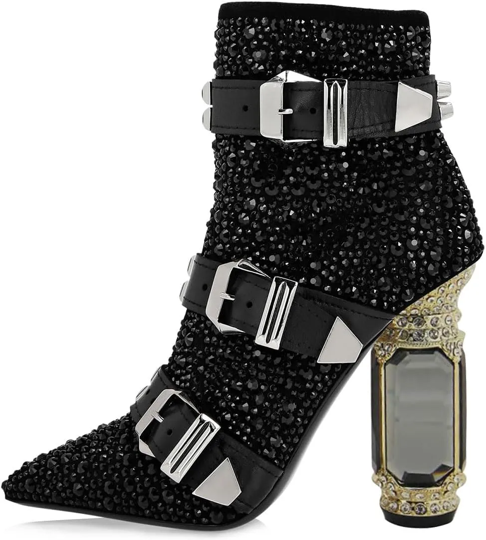 FSJ Women Chic Pointed Toe Crystal Chunky Block High Heel Ankle Boots Glossy Side Zipper Casual Daily Fashion Ladies Shoes Size 4-15 US