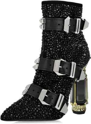 FSJ Women Chic Pointed Toe Crystal Chunky Block High Heel Ankle Boots Glossy Side Zipper Casual Daily Fashion Ladies Shoes Size 4-15 US