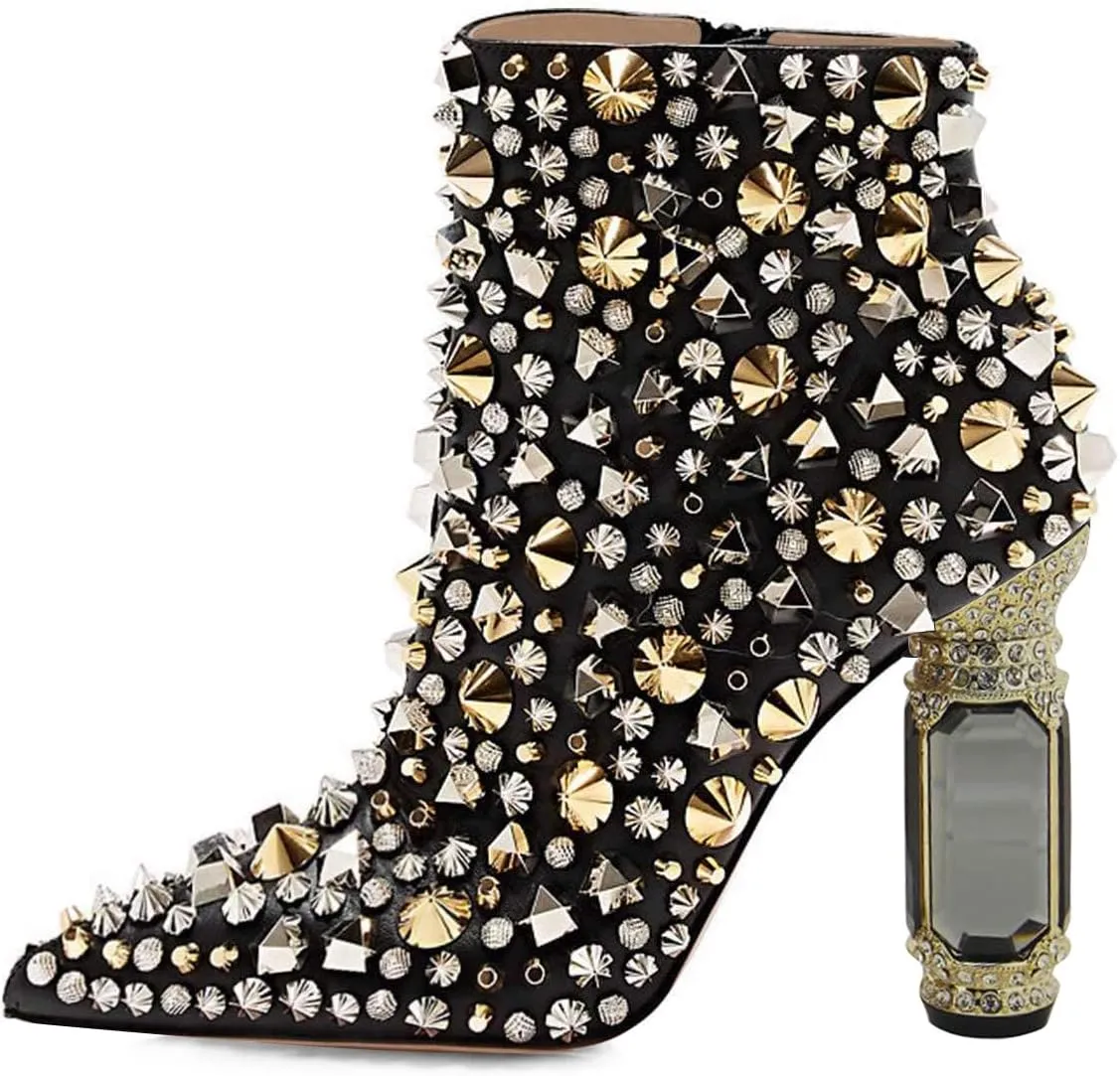 FSJ Women Chic Pointed Toe Crystal Chunky Block High Heel Ankle Boots Glossy Side Zipper Casual Daily Fashion Ladies Shoes Size 4-15 US