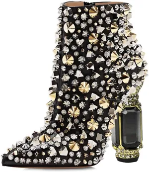 FSJ Women Chic Pointed Toe Crystal Chunky Block High Heel Ankle Boots Glossy Side Zipper Casual Daily Fashion Ladies Shoes Size 4-15 US
