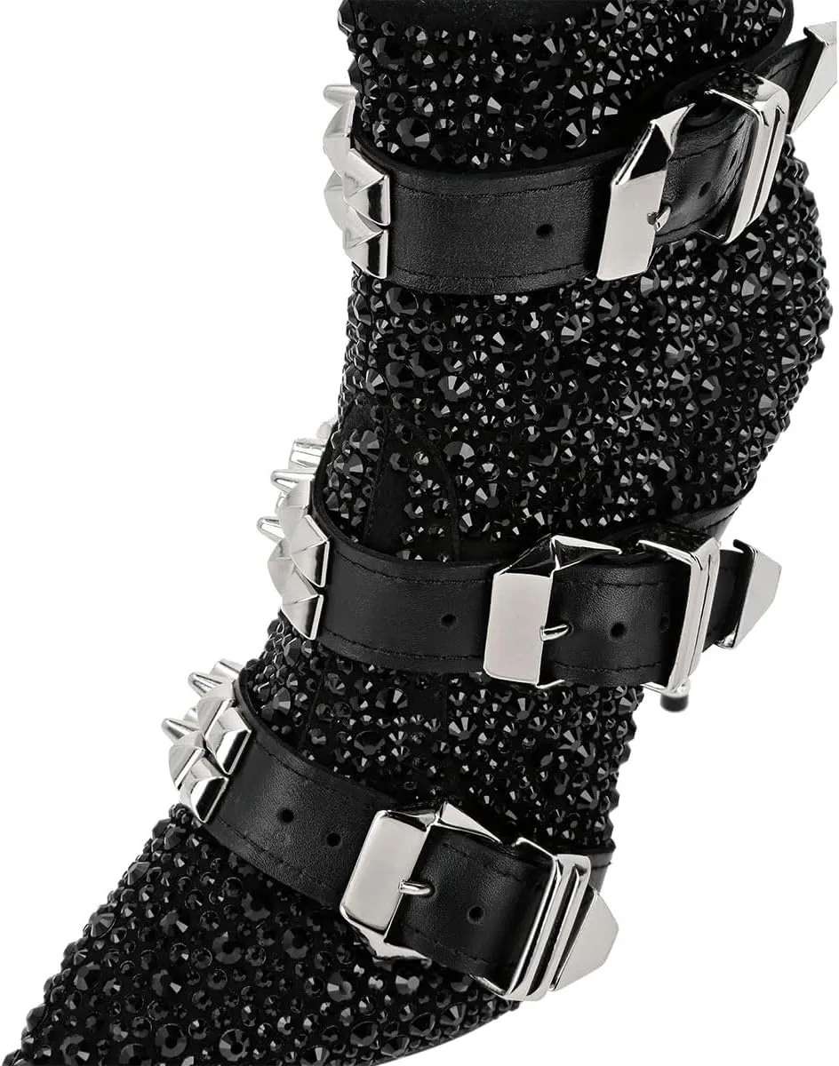 FSJ Women Chic Pointed Toe Crystal Chunky Block High Heel Ankle Boots Glossy Side Zipper Casual Daily Fashion Ladies Shoes Size 4-15 US