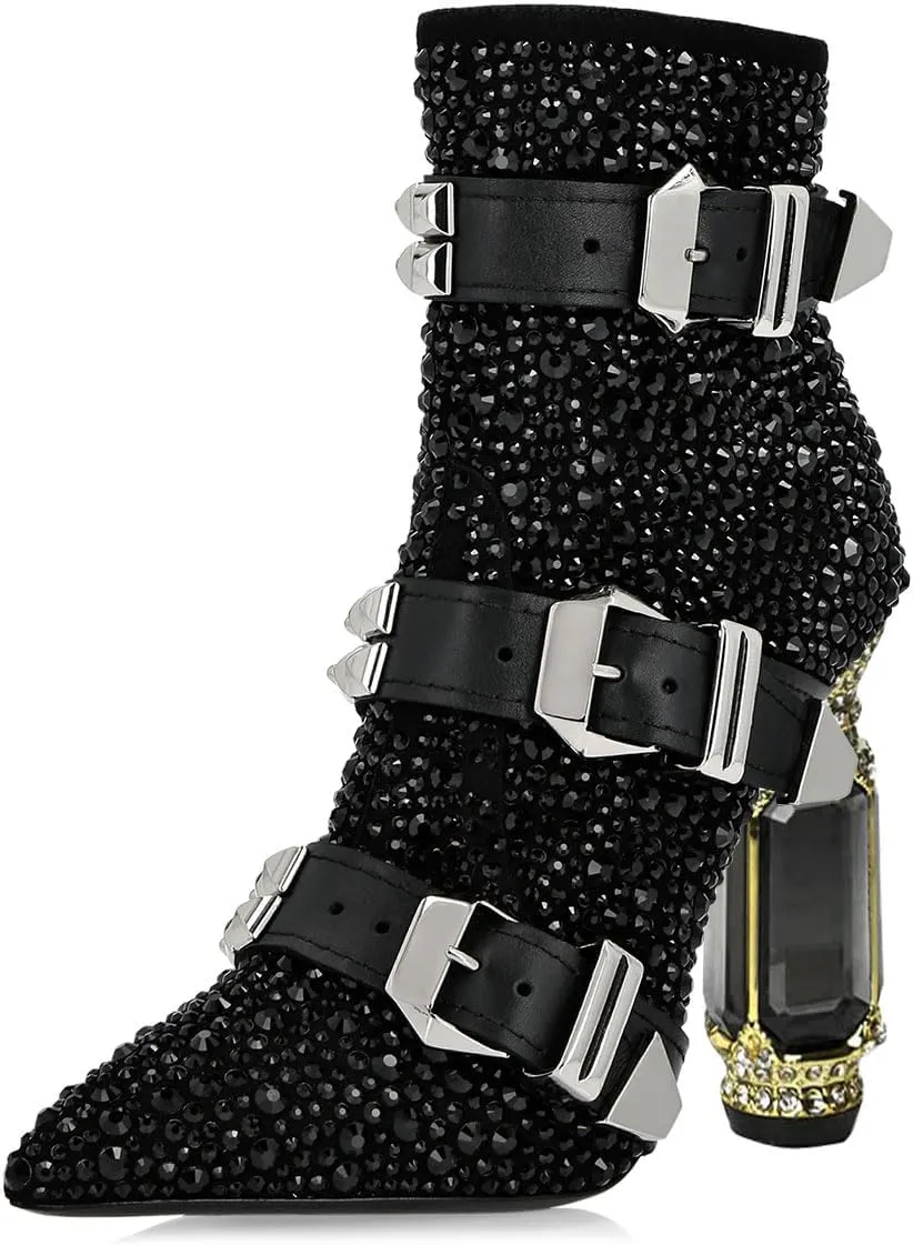 FSJ Women Chic Pointed Toe Crystal Chunky Block High Heel Ankle Boots Glossy Side Zipper Casual Daily Fashion Ladies Shoes Size 4-15 US