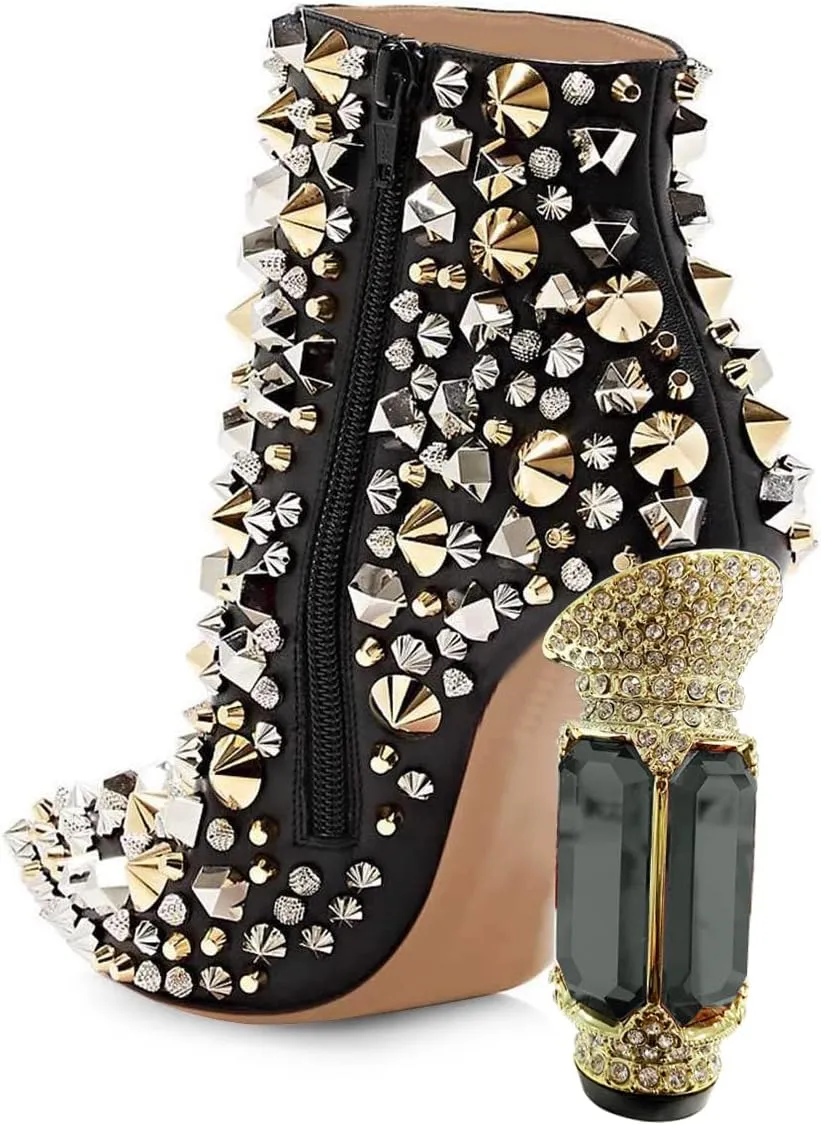 FSJ Women Chic Pointed Toe Crystal Chunky Block High Heel Ankle Boots Glossy Side Zipper Casual Daily Fashion Ladies Shoes Size 4-15 US