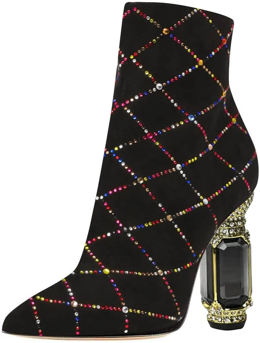 FSJ Women Chic Pointed Toe Crystal Chunky Block High Heel Ankle Boots Glossy Side Zipper Casual Daily Fashion Ladies Shoes Size 4-15 US