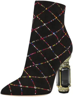 FSJ Women Chic Pointed Toe Crystal Chunky Block High Heel Ankle Boots Glossy Side Zipper Casual Daily Fashion Ladies Shoes Size 4-15 US