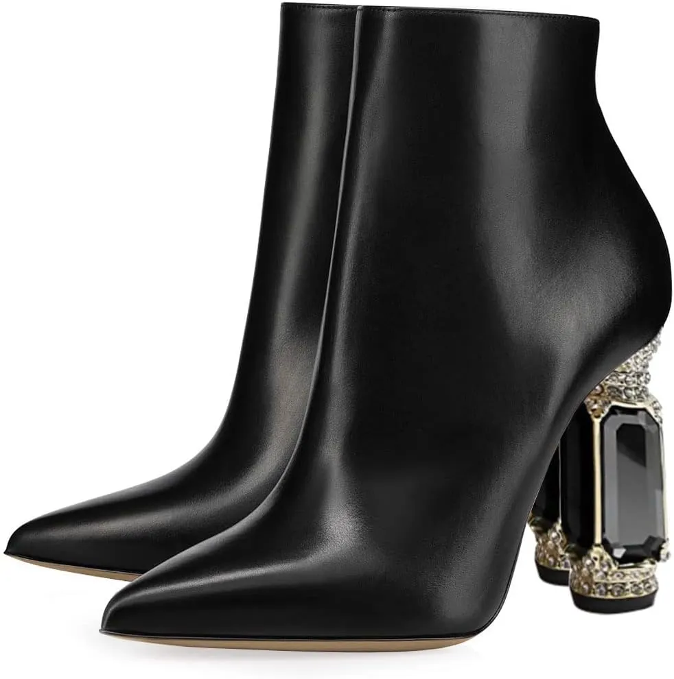 FSJ Women Chic Pointed Toe Crystal Chunky Block High Heel Ankle Boots Glossy Side Zipper Casual Daily Fashion Ladies Shoes Size 4-15 US