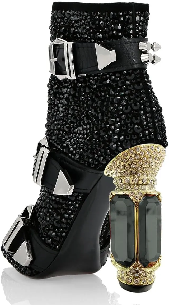 FSJ Women Chic Pointed Toe Crystal Chunky Block High Heel Ankle Boots Glossy Side Zipper Casual Daily Fashion Ladies Shoes Size 4-15 US