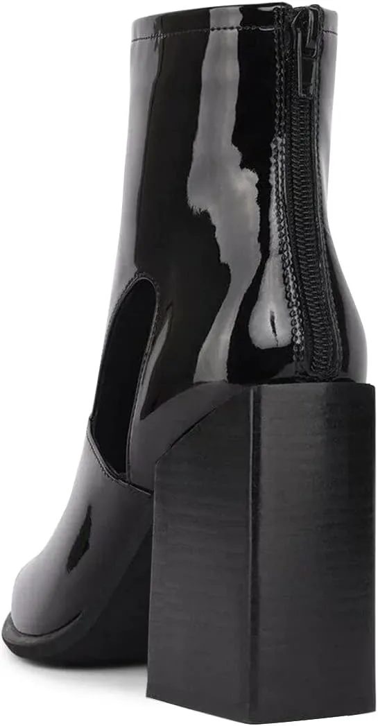 FSJ Women Chic Pointed Toe Front Zip Chunky Heel Ankle Booties Glossy Leather Cutout Handmade Comfortable Ladies Winter Autumn Short Boots Size 4-15 US