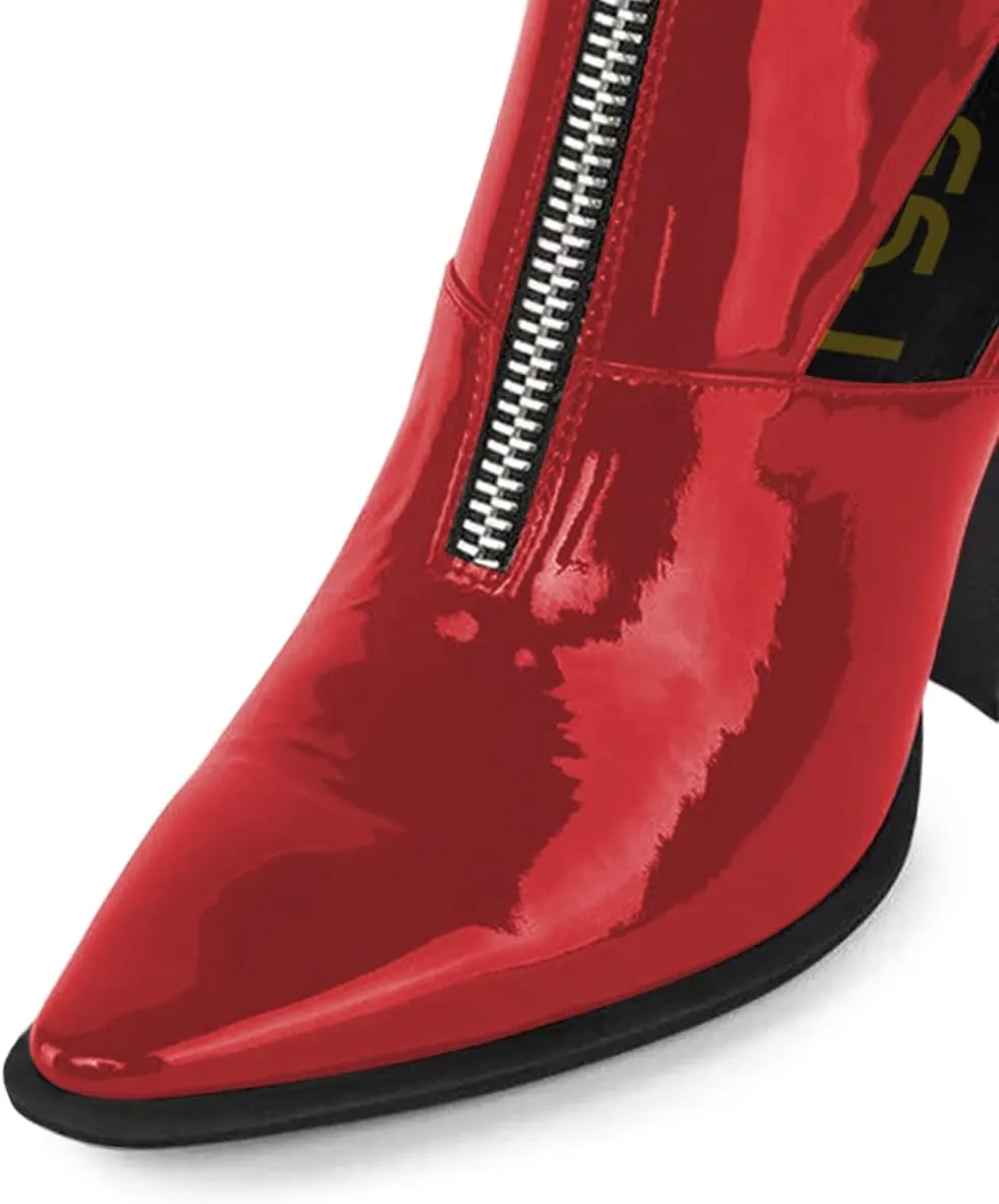 FSJ Women Chic Pointed Toe Front Zip Chunky Heel Ankle Booties Glossy Leather Cutout Handmade Comfortable Ladies Winter Autumn Short Boots Size 4-15 US
