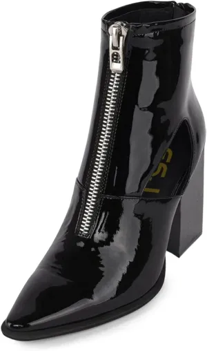 FSJ Women Chic Pointed Toe Front Zip Chunky Heel Ankle Booties Glossy Leather Cutout Handmade Comfortable Ladies Winter Autumn Short Boots Size 4-15 US