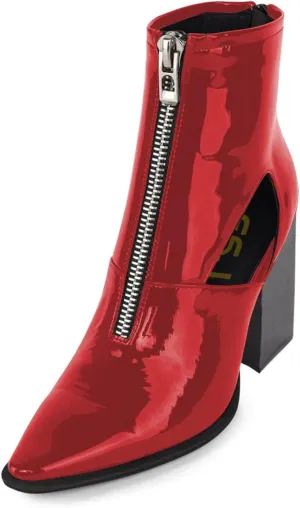 FSJ Women Chic Pointed Toe Front Zip Chunky Heel Ankle Booties Glossy Leather Cutout Handmade Comfortable Ladies Winter Autumn Short Boots Size 4-15 US