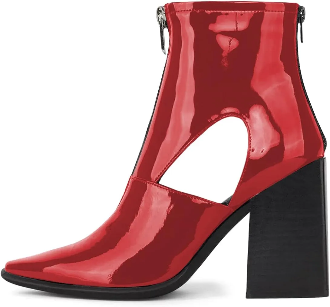 FSJ Women Chic Pointed Toe Front Zip Chunky Heel Ankle Booties Glossy Leather Cutout Handmade Comfortable Ladies Winter Autumn Short Boots Size 4-15 US
