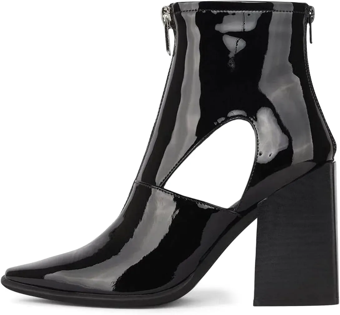 FSJ Women Chic Pointed Toe Front Zip Chunky Heel Ankle Booties Glossy Leather Cutout Handmade Comfortable Ladies Winter Autumn Short Boots Size 4-15 US