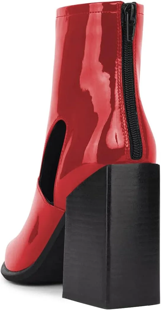 FSJ Women Chic Pointed Toe Front Zip Chunky Heel Ankle Booties Glossy Leather Cutout Handmade Comfortable Ladies Winter Autumn Short Boots Size 4-15 US