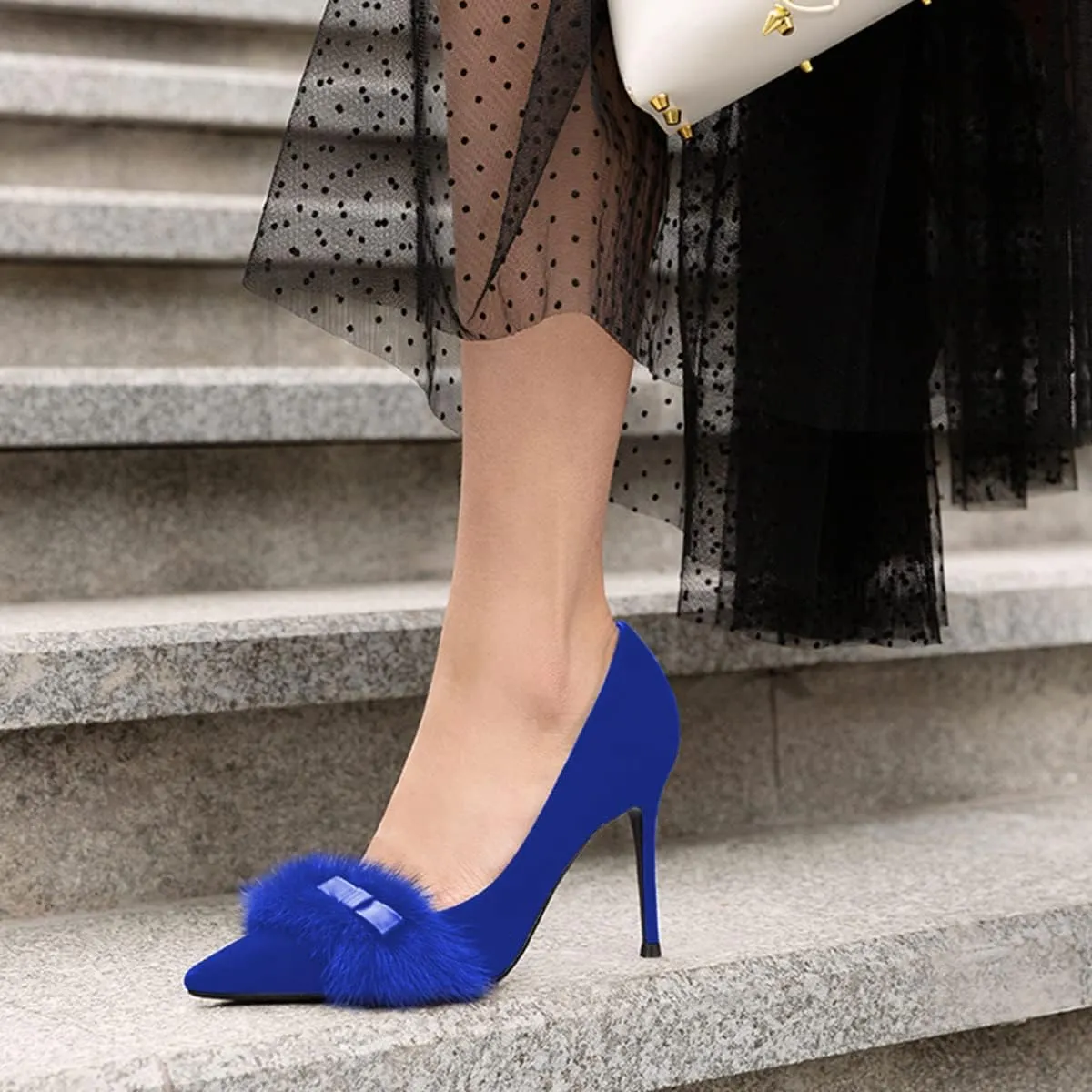 FSJ Women Chic Pointed Toe Stiletto High Heel Pumps Fur Fur Bow Slip On Elegant Custom Handmade Faux Suede Dress Party Shoes Size 4-15 US