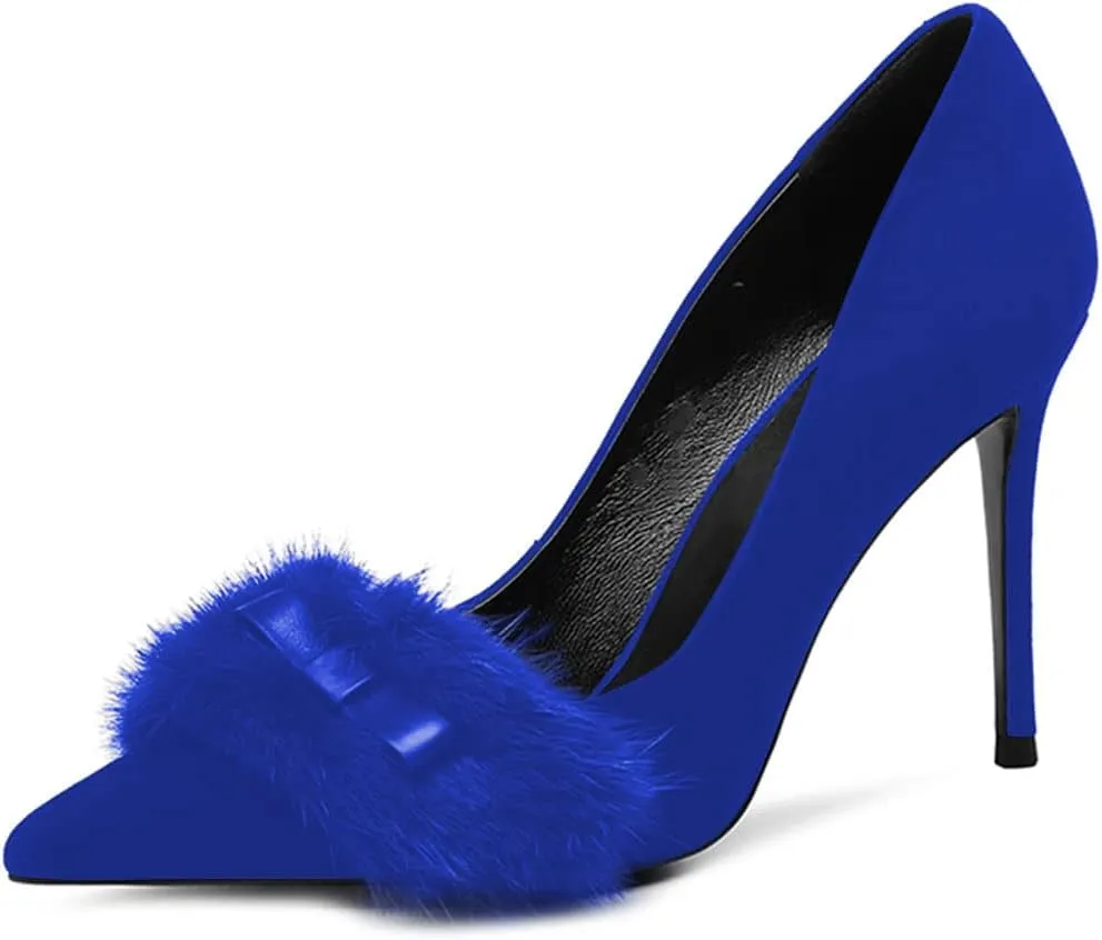 FSJ Women Chic Pointed Toe Stiletto High Heel Pumps Fur Fur Bow Slip On Elegant Custom Handmade Faux Suede Dress Party Shoes Size 4-15 US