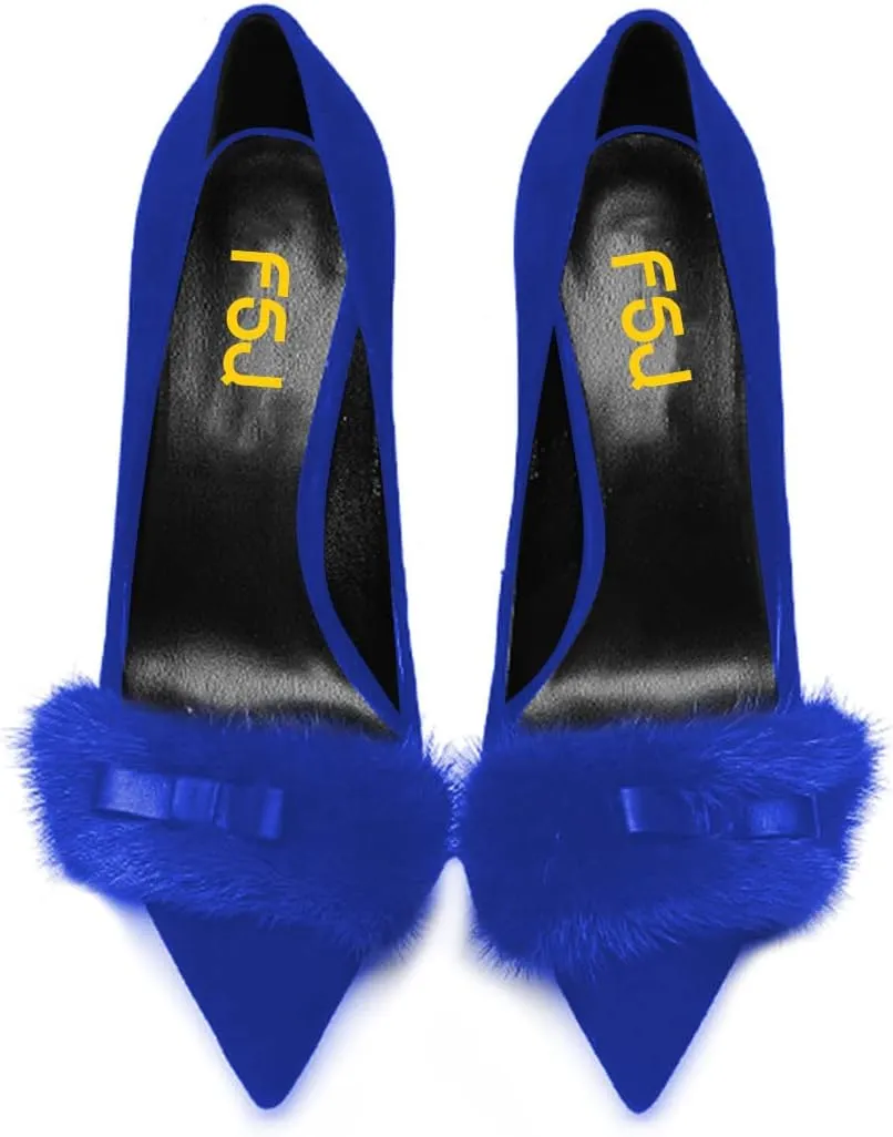 FSJ Women Chic Pointed Toe Stiletto High Heel Pumps Fur Fur Bow Slip On Elegant Custom Handmade Faux Suede Dress Party Shoes Size 4-15 US
