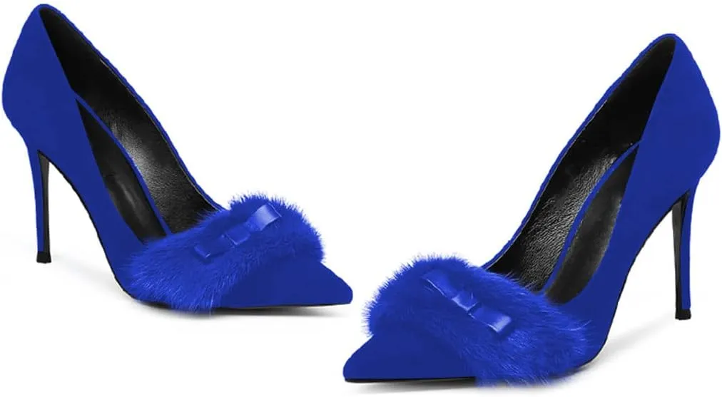 FSJ Women Chic Pointed Toe Stiletto High Heel Pumps Fur Fur Bow Slip On Elegant Custom Handmade Faux Suede Dress Party Shoes Size 4-15 US