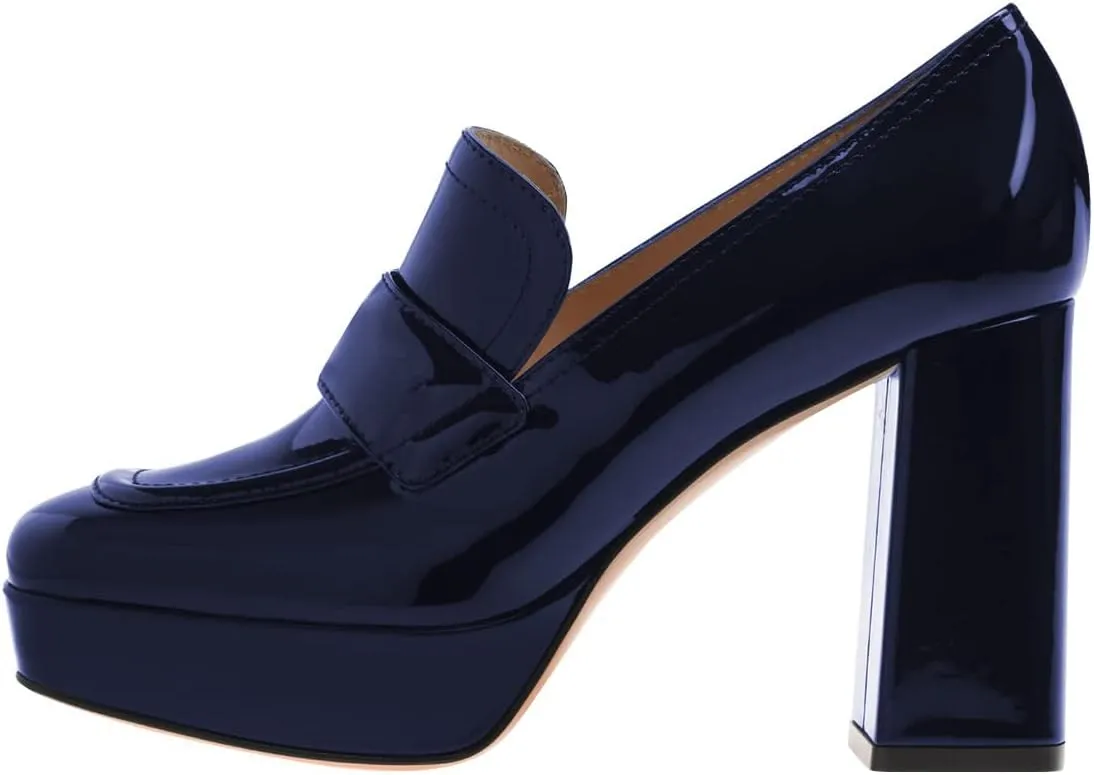 FSJ Women Chic Square Toe Glossy Platform Pumps Chunky High Heel Slip On Party Prom Dress Ladies Casual Loafer Shoes Size 4-15 US