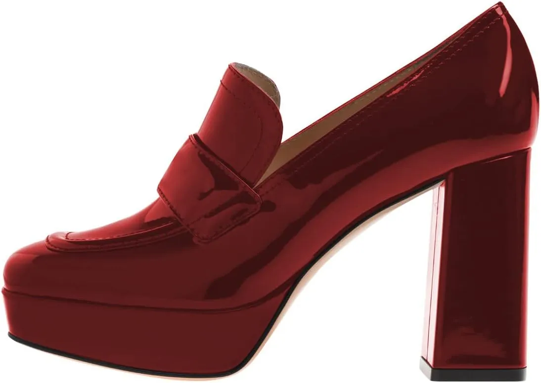 FSJ Women Chic Square Toe Glossy Platform Pumps Chunky High Heel Slip On Party Prom Dress Ladies Casual Loafer Shoes Size 4-15 US