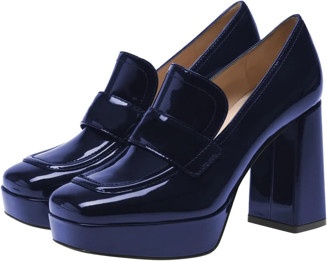 FSJ Women Chic Square Toe Glossy Platform Pumps Chunky High Heel Slip On Party Prom Dress Ladies Casual Loafer Shoes Size 4-15 US