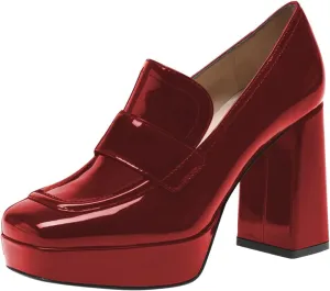 FSJ Women Chic Square Toe Glossy Platform Pumps Chunky High Heel Slip On Party Prom Dress Ladies Casual Loafer Shoes Size 4-15 US