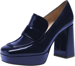 FSJ Women Chic Square Toe Glossy Platform Pumps Chunky High Heel Slip On Party Prom Dress Ladies Casual Loafer Shoes Size 4-15 US