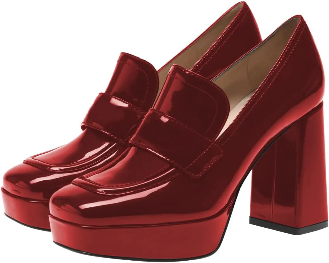 FSJ Women Chic Square Toe Glossy Platform Pumps Chunky High Heel Slip On Party Prom Dress Ladies Casual Loafer Shoes Size 4-15 US
