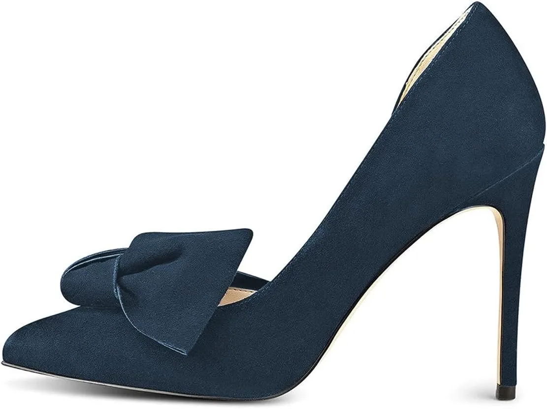 FSJ Women Chic Suede D'Orsay Pointy Toe Dress Shoes with Bowknot High Heel Ladies Pumps Size 4-15 US
