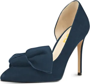 FSJ Women Chic Suede D'Orsay Pointy Toe Dress Shoes with Bowknot High Heel Ladies Pumps Size 4-15 US