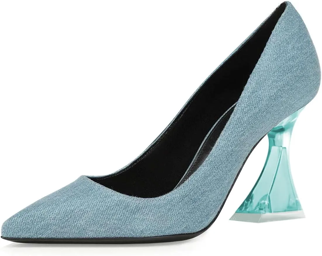 FSJ Women Classic Closed Pointed Toe Dress Pumps Chic Transparent Chunky Block High Heel Slip-On Office Ladies Casual Party Shoes Size 4-16 US