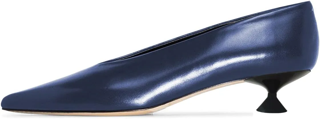 FSJ Women Fashion Pointed Toe V Cut Low Kitten Heel Slip On Pumps Soft Leather Ladies Daily Comfort Basic Dress Shoes Size 4-15 US