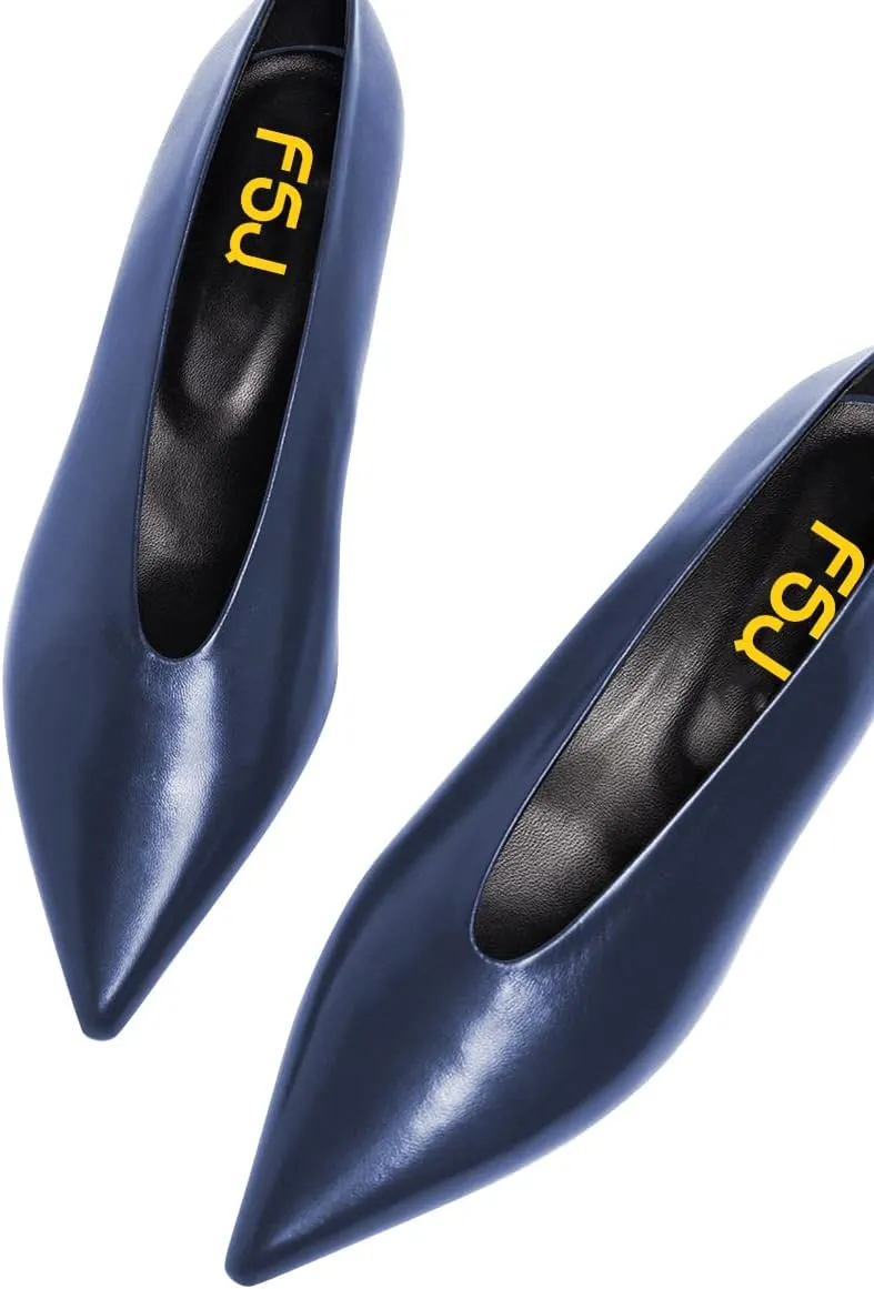FSJ Women Fashion Pointed Toe V Cut Low Kitten Heel Slip On Pumps Soft Leather Ladies Daily Comfort Basic Dress Shoes Size 4-15 US