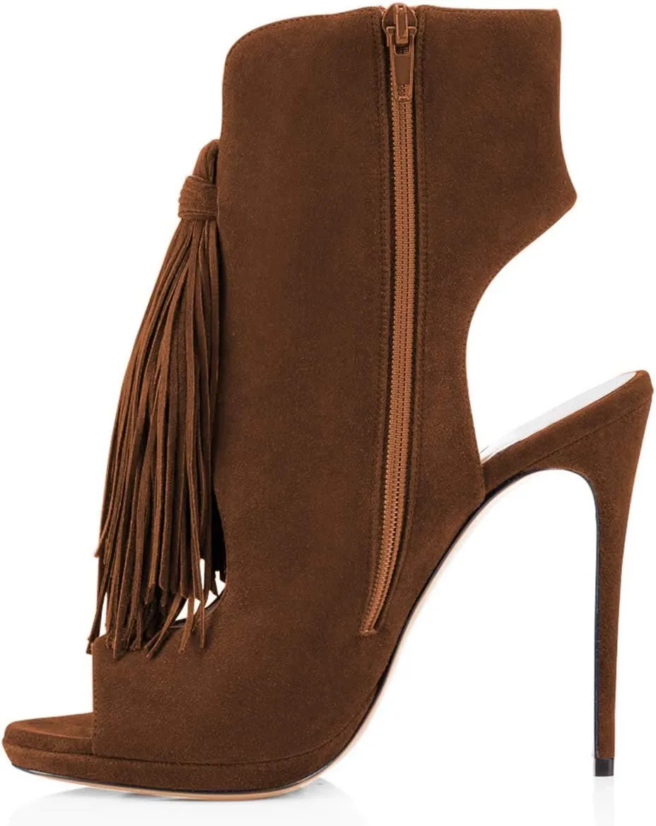 FSJ Women Peep Toe Slingback High Heels Sandals Fringed Ankle Booties Chic Stilettos Tassels Summer Outfits Shoes Size 4-15 US