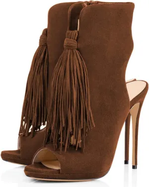 FSJ Women Peep Toe Slingback High Heels Sandals Fringed Ankle Booties Chic Stilettos Tassels Summer Outfits Shoes Size 4-15 US