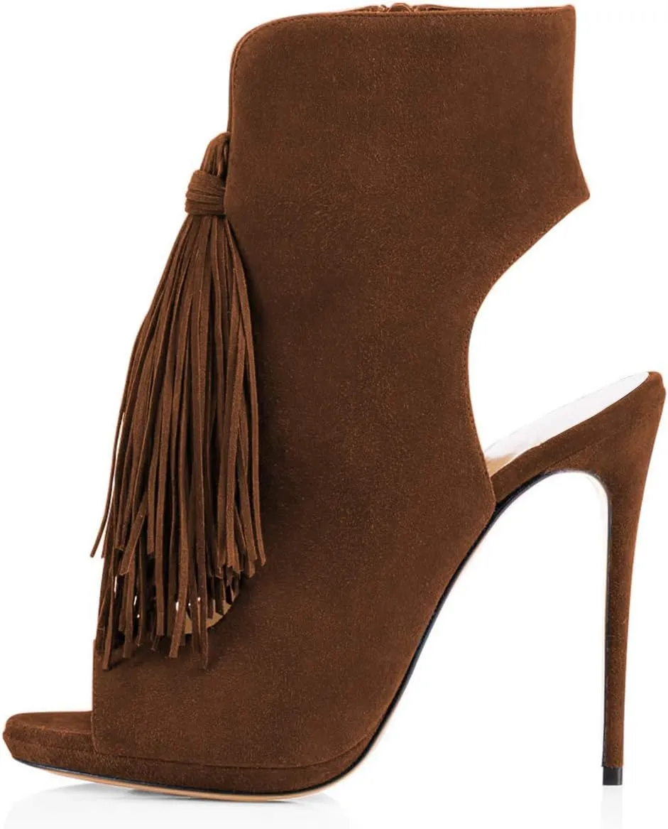 FSJ Women Peep Toe Slingback High Heels Sandals Fringed Ankle Booties Chic Stilettos Tassels Summer Outfits Shoes Size 4-15 US