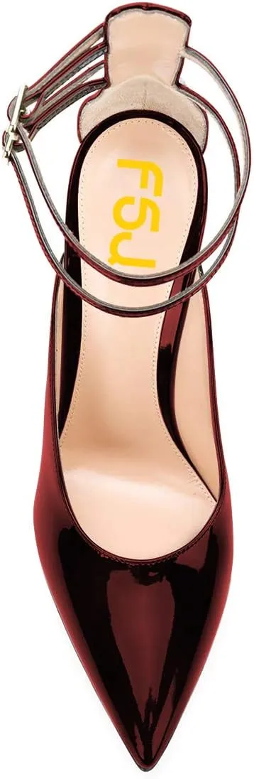 FSJ Women Pointed Toe Gold Metal Chain Block High Heels Double Ankle Strappy Pumps Chic Patent Leather Evening Dress Shoes Size 4-15 US