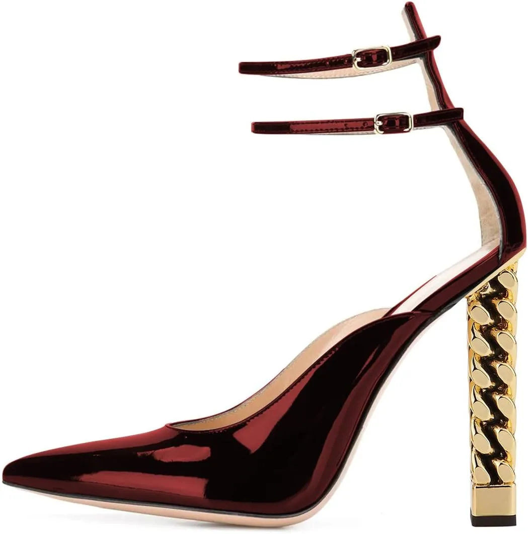 FSJ Women Pointed Toe Gold Metal Chain Block High Heels Double Ankle Strappy Pumps Chic Patent Leather Evening Dress Shoes Size 4-15 US
