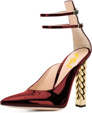 FSJ Women Pointed Toe Gold Metal Chain Block High Heels Double Ankle Strappy Pumps Chic Patent Leather Evening Dress Shoes Size 4-15 US