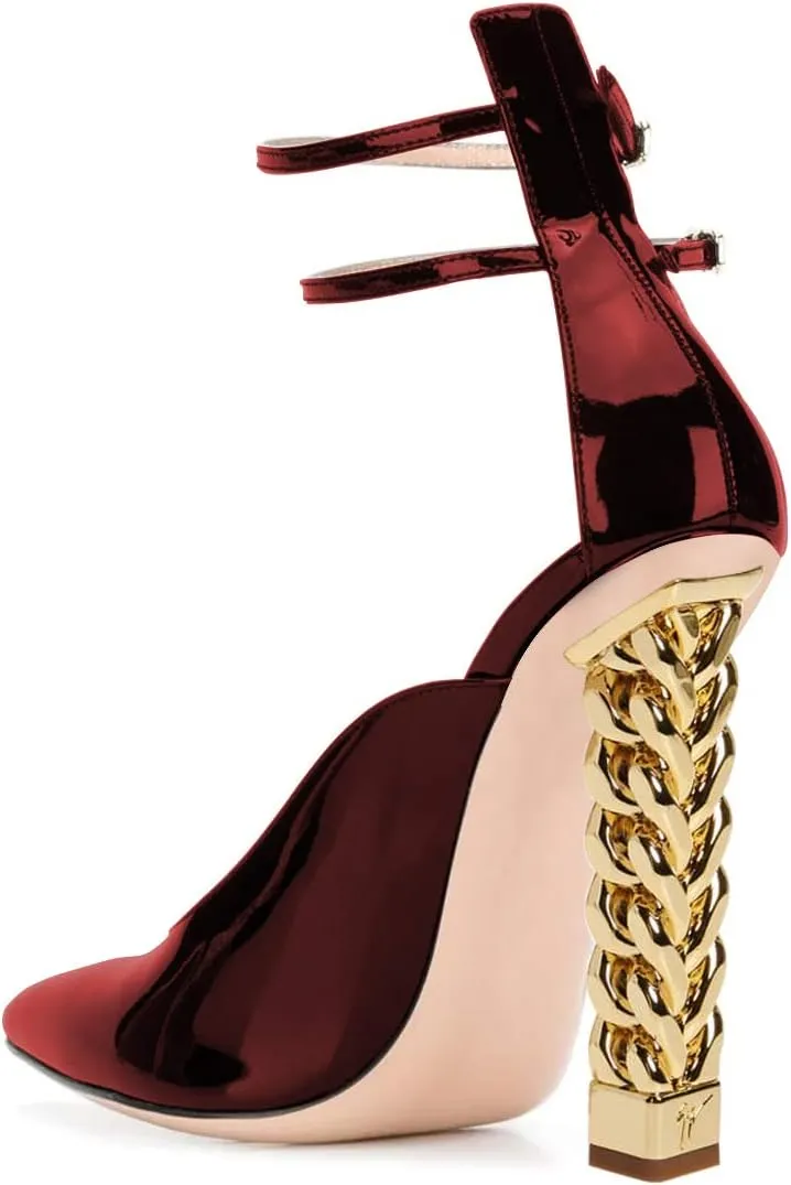 FSJ Women Pointed Toe Gold Metal Chain Block High Heels Double Ankle Strappy Pumps Chic Patent Leather Evening Dress Shoes Size 4-15 US