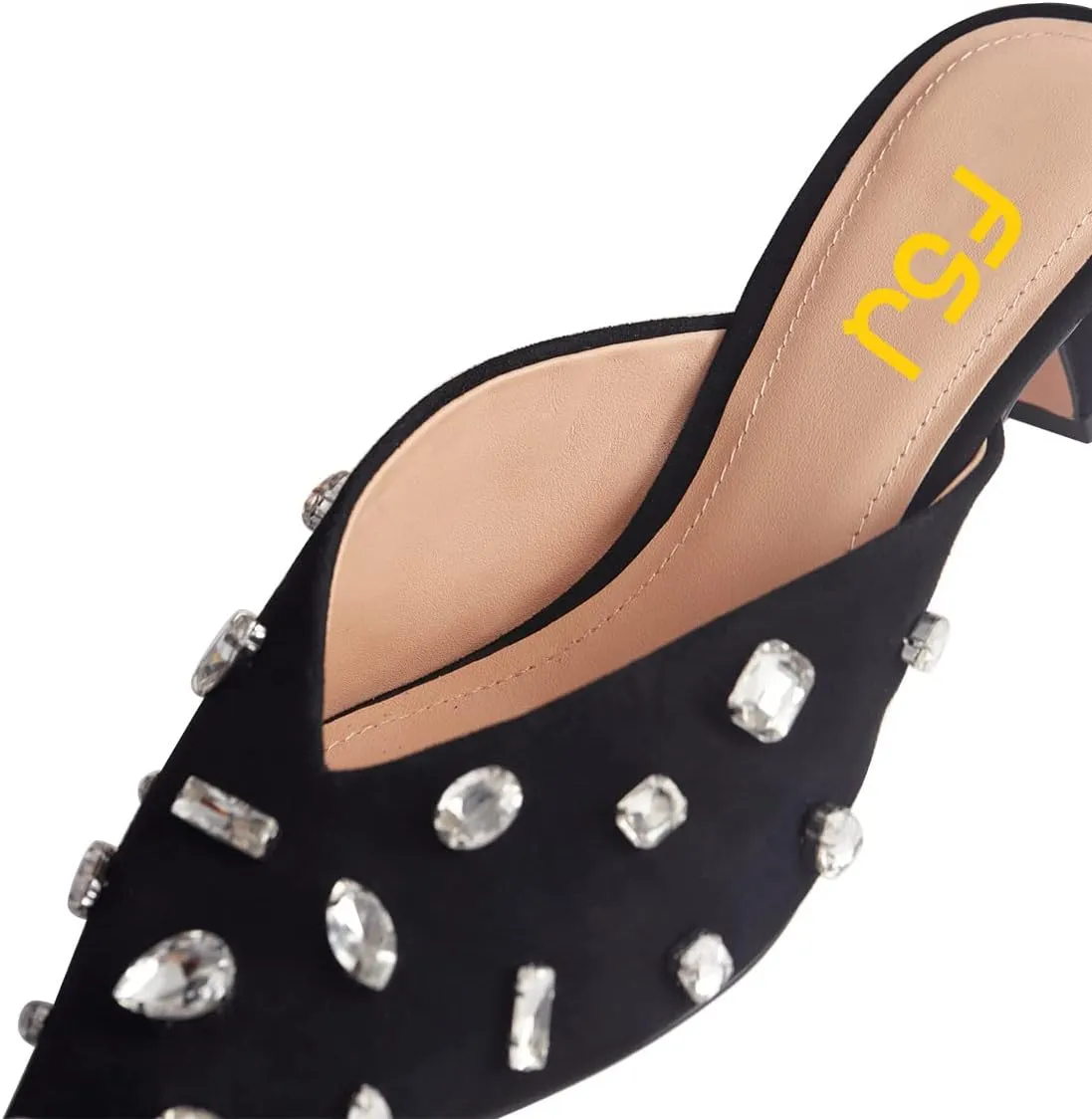 FSJ Women Retro Crystal Rhinestone Pointed Toe Slip on Kitten Heel Mules Low Heel Pumps Slide Slipper Girls Party Classic Outfit Sandals Size 4-15 US
