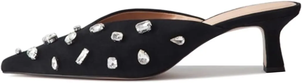 FSJ Women Retro Crystal Rhinestone Pointed Toe Slip on Kitten Heel Mules Low Heel Pumps Slide Slipper Girls Party Classic Outfit Sandals Size 4-15 US