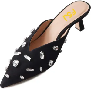 FSJ Women Retro Crystal Rhinestone Pointed Toe Slip on Kitten Heel Mules Low Heel Pumps Slide Slipper Girls Party Classic Outfit Sandals Size 4-15 US